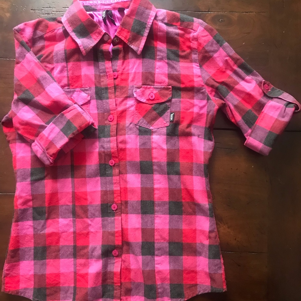 Vans red, pink and charcoal plaid shirt